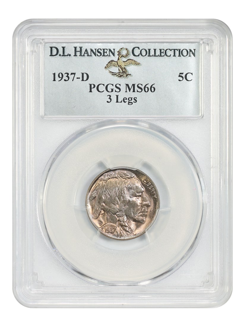 Buffalo Nickel 1937-D 5C PCGS MS66 3 Legs ex D.L. Hansen: Buffalo Nickel 1937-D 5C PCGS MS66 3 Legs ex D.L. Hansen 1937-D Buffalo Nickel, three-legged variety, graded PCGS MS66 and pedigreed ex: D.L. Hansen. This uncirculated example was created by over-poli
