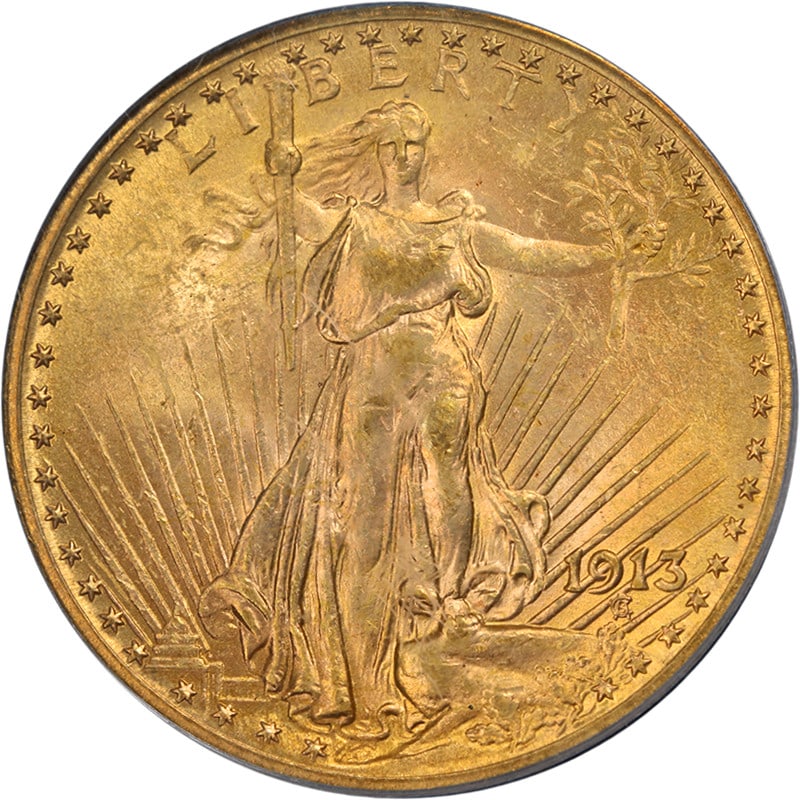 PCGS MS63 1913 P Saint-Gaudens $20 Gold Coin: PCGS MS63 1913 P Saint-Gaudens $20 Gold Coin 1913-P Saint-Gaudens Gold $20 graded PCGS MS63. This uncirculated pre-owned coin is noted for decent eye appeal, a nice strike, decent color, and nice surf