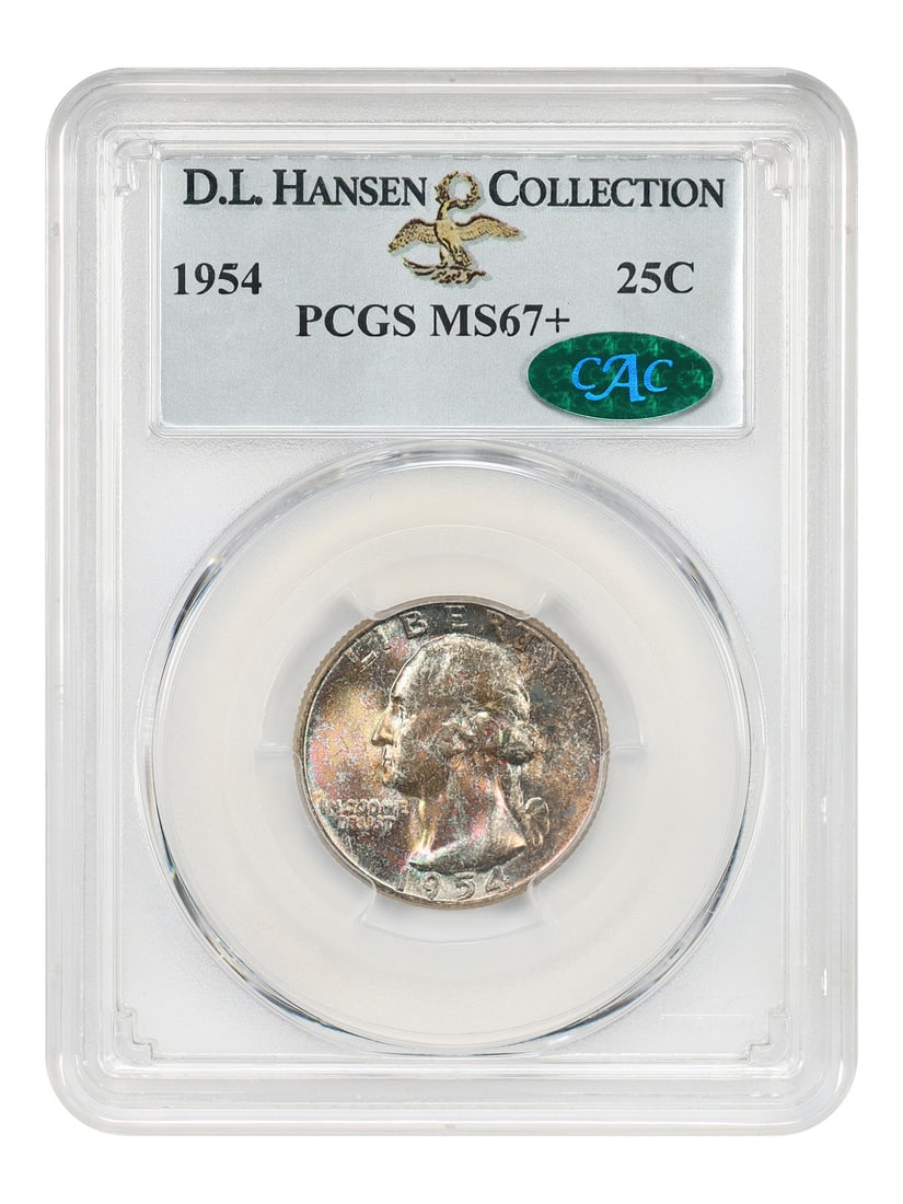 Washington Quarter 1954 25C PCGS MS67+ CAC ex D.L. Hansen: Washington Quarter 1954 25C PCGS MS67+ CAC ex D.L. Hansen 1954 Washington Quarter certified by PCGS and approved by CAC, graded MS67+ and pedigreed ex: D.L. Hansen. Reports list just eight examples gr