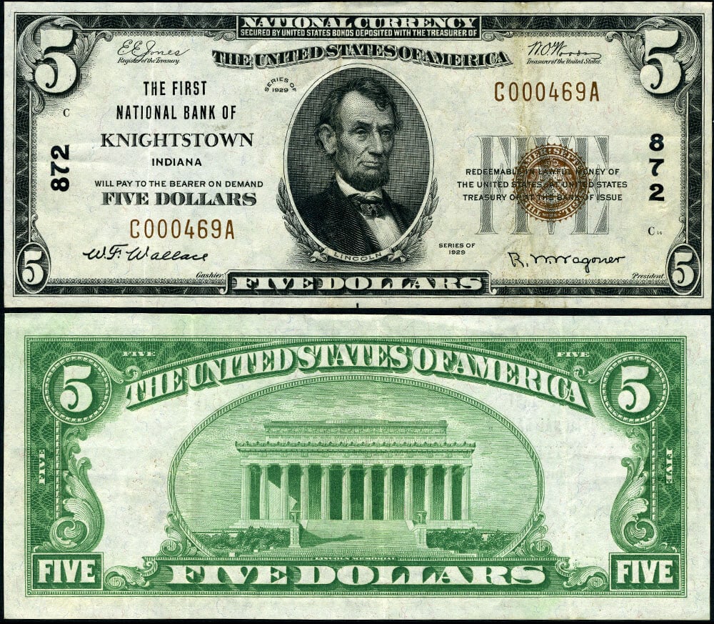 1929 T-1 $5 National Bank Note Knightstown IN Ch #872 Circulated: 1929 T-1 $5 National Bank Note Knightstown IN Ch #872 Circulated This is a 1929 T-1 National Bank Note from Knightstown, Indiana, featuring a denomination of $5. It is classified as a very fine (VF+) 