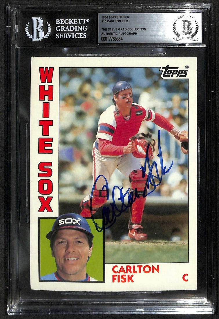 1984 Topps Super #15 Carlton Fisk autograph Beckett slabbed card: 1984 Topps Super #15 Carlton Fisk autograph Beckett slabbed card This 1984 Topps Super #15 baseball card features Hall of Fame catcher Carlton Fisk in full Chicago White Sox gear. The card is hand-sig