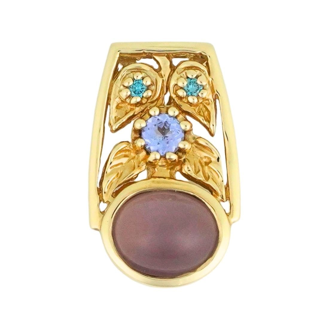 Unbranded 14K Yellow Gold Pendant with Chalcedony Tanzanite and Diamonds: Unbranded 14K Yellow Gold Pendant with Chalcedony Tanzanite and Diamonds Distinctive 14K yellow gold pendant featuring a greyish-pink chalcedony cabochon, accented by a round mixed-facet tanzanite and