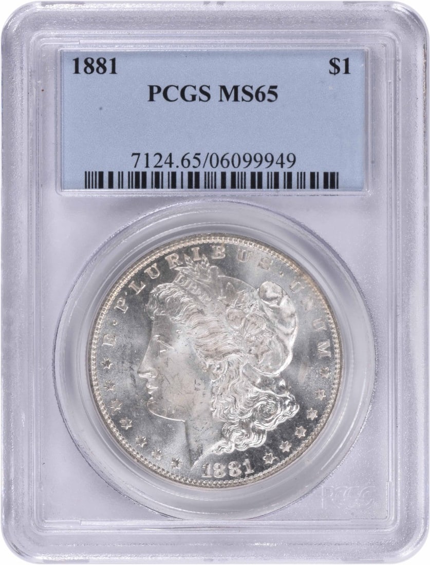 PCGS MS65 1881 Morgan Silver Dollar: PCGS MS65 1881 Morgan Silver Dollar This 1881 Morgan Silver Dollar is graded MS65 by PCGS, indicating a high-quality, uncirculated coin. Struck at the Philadelphia Mint without a mint mark, it is comp