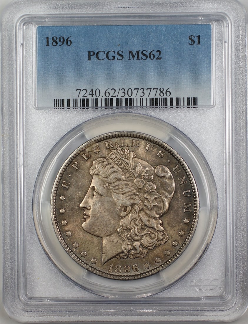 PCGS MS62 1896 Morgan Dollar Silver Coin Philadelphia Toned: PCGS MS62 1896 Morgan Dollar Silver Coin Philadelphia Toned This is a 1896 Morgan Silver Dollar graded MS-62 by PCGS. The coin is uncirculated with attractive toning and was minted in Philadelphia. It
