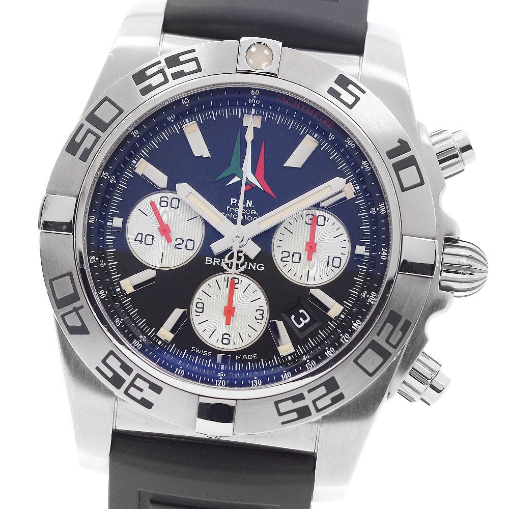 Breitling Chronomat 44 Frecce Tricolori AB0110 Mens Wristwatch: Breitling Chronomat 44 Frecce Tricolori AB0110 Mens Wristwatch Pre-owned Breitling Chronomat 44 Frecce Tricolori men's wristwatch with automatic movement, black dial, and stainless steel case. This li
