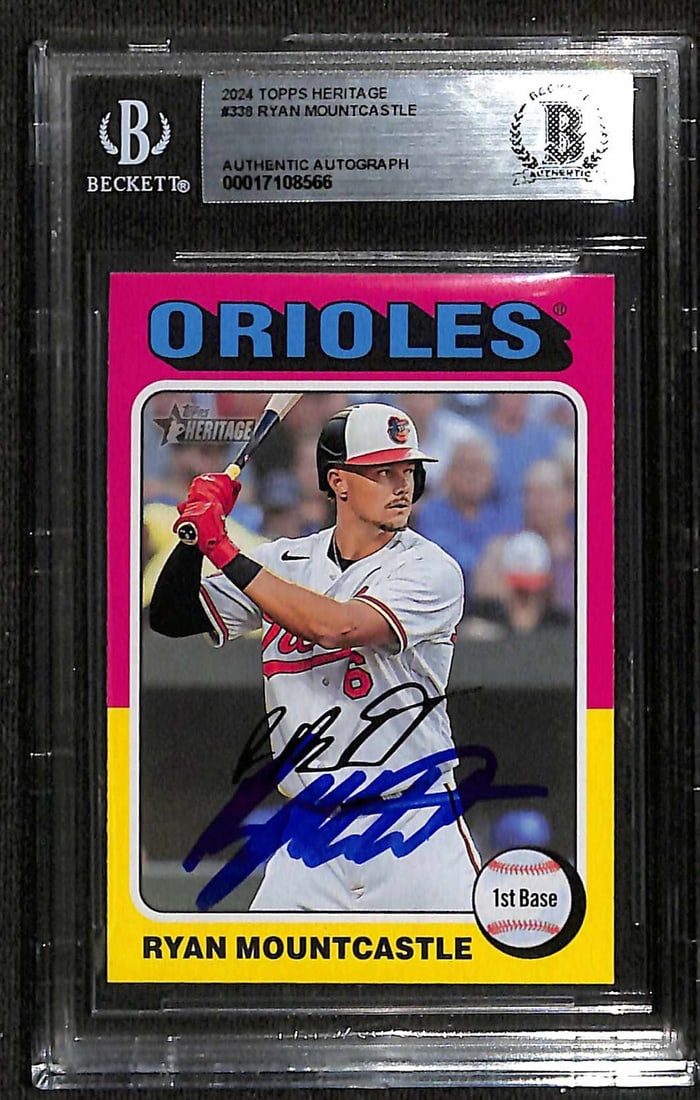 Ryan Mountcastle Signed 2024 Topps Heritage Card Beckett Authenticated: Ryan Mountcastle Signed 2024 Topps Heritage Card Beckett Authenticated This is a signed 2024 Topps Heritage baseball trading card featuring Ryan Mountcastle, the first baseman for the Baltimore Oriole