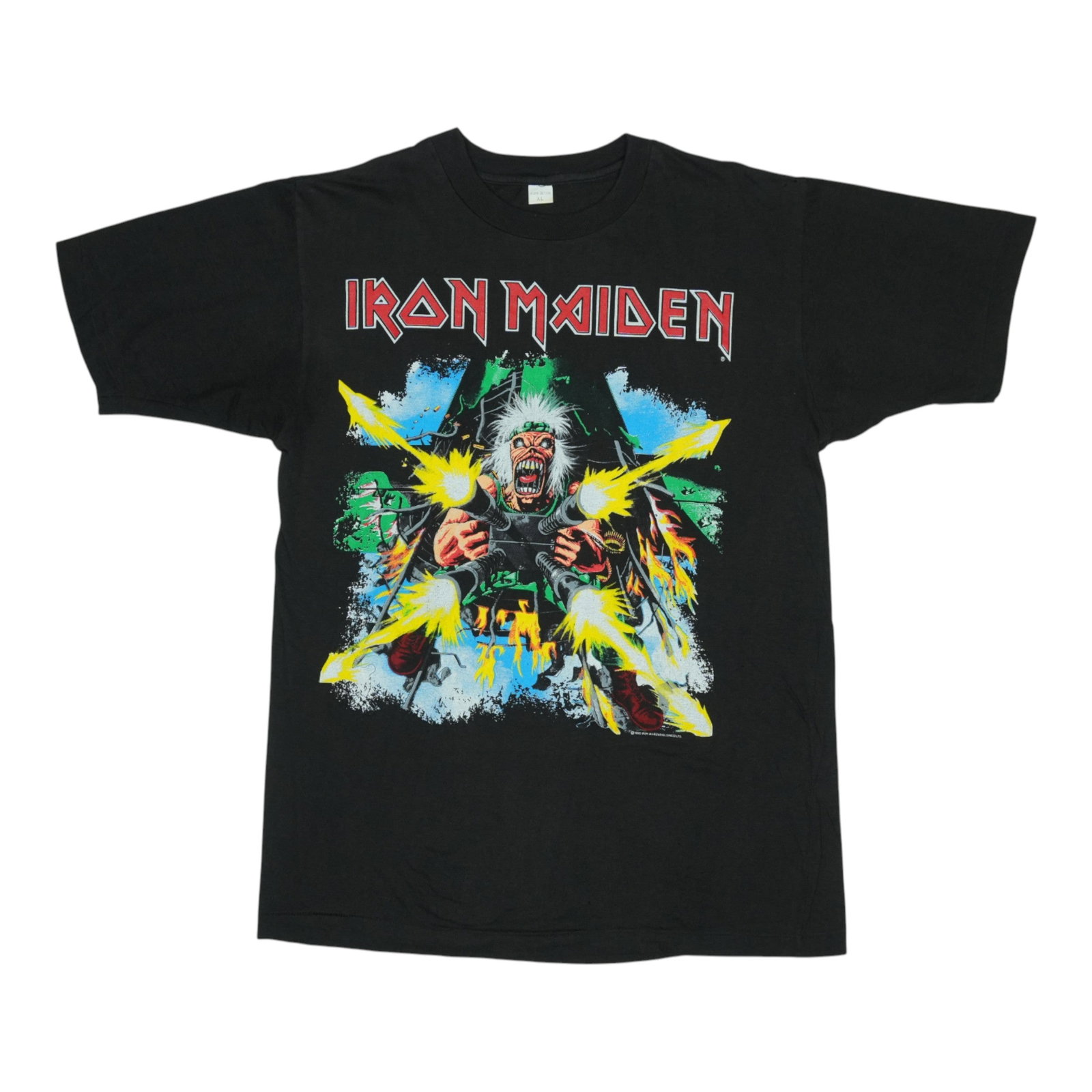 Vintage 1990 Iron Maiden Tour Black Cotton T-Shirt Extra Large: Vintage 1990 Iron Maiden Tour Black Cotton T-Shirt Extra Large This is an original vintage 1990 Iron Maiden Shoot Focker Tour Shirt, featuring graphics on both the front and back. The shirt is made fr