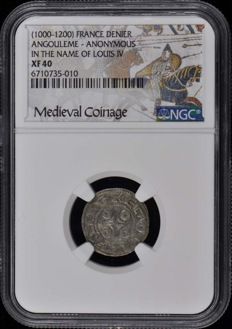 Louis IV Denier Coin NGC XF40 Angouleme France 1000-1200: Louis IV Denier Coin NGC XF40 Angouleme France 1000-1200 This historical French denier from the period of Louis IV, originating from Angouleme, is certified by NGC with a grade of XF40, indicating exc