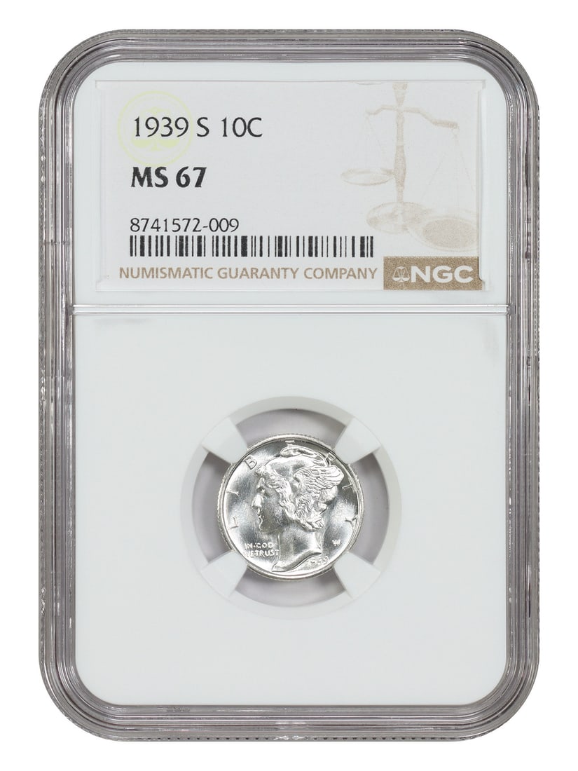 NGC MS67 1939-S Mercury Dime 10C: NGC MS67 1939-S Mercury Dime 10C 1939-S Mercury Dime certified by NGC in MS67 grade. This uncirculated, pre-owned coin is identified as a 10C denomination issue from the San Francisco Mint. Specificat