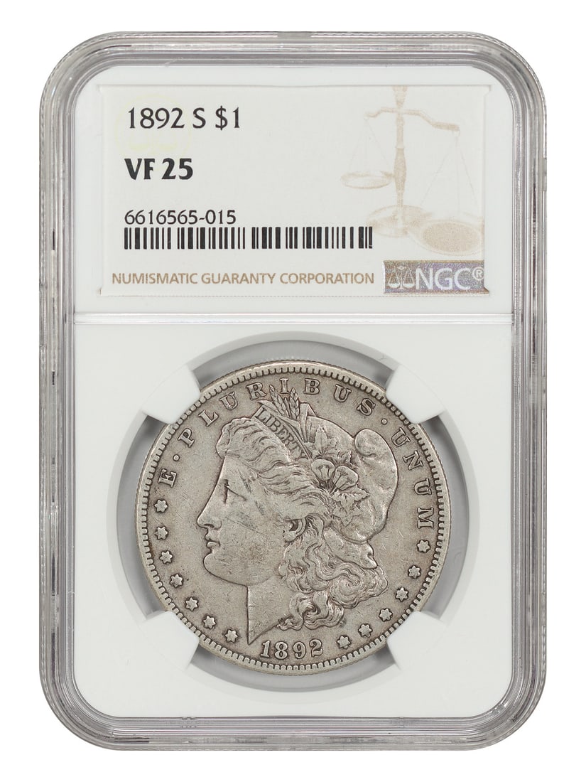 1892 San Francisco Morgan Dollar $1 NGC VF25: 1892 San Francisco Morgan Dollar $1 NGC VF25 1892-S Morgan Dollar $1 certified by NGC and graded VF25. This circulated coin is a scarce date and is described as a true conditional rarity, as these wer
