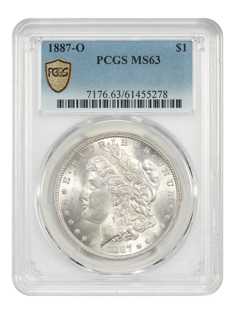PCGS MS63 1887 O Morgan Silver Dollar $1: PCGS MS63 1887 O Morgan Silver Dollar $1 1887-O Morgan Dollar certified by PCGS in MS63 grade. This uncirculated, pre-owned coin was minted in New Orleans and carries the certification number listed f