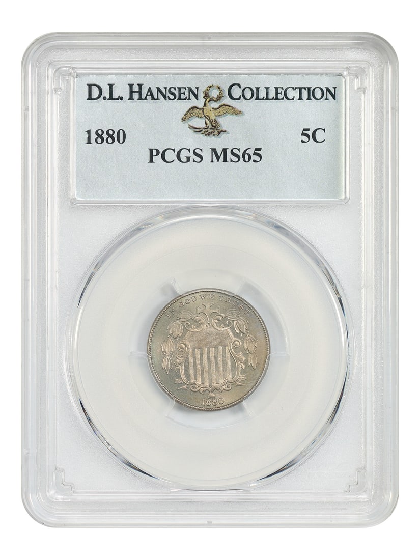 1880 PCGS MS65 Shield Nickel 5C Philadelphia Business Strike: 1880 PCGS MS65 Shield Nickel 5C Philadelphia Business Strike An 1880 Shield Nickel graded MS65 by PCGS and certified as an uncirculated Philadelphia circulation strike. The coin is described as the lo
