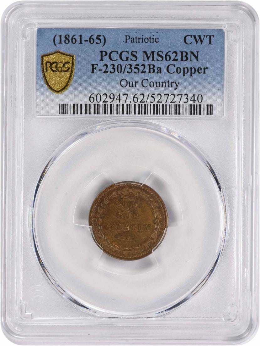 PCGS MS62BN Our Country Civil War Token 1861-65 Copper: PCGS MS62BN Our Country Civil War Token 1861-65 Copper Civil War token dated 1861-65 featuring the Our Country design. Graded MS62BN by PCGS, this copper token is listed as uncirculated and pre-owned.