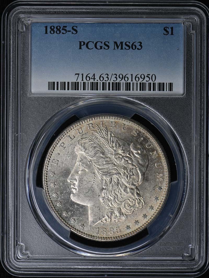PCGS MS63 1885 San Francisco Morgan Silver Dollar: PCGS MS63 1885 San Francisco Morgan Silver Dollar This is an 1885-S Morgan Dollar graded MS63 by PCGS. The coin was minted in San Francisco and remains uncirculated. It is a pre-owned collectible from