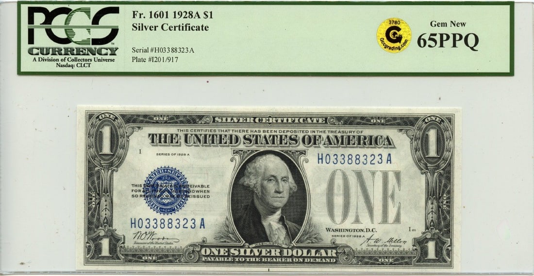 1928A $1 Silver Certificate Fr#1601 PCGS GEM 65 PPQ: 1928A $1 Silver Certificate Fr#1601 PCGS GEM 65 PPQ This 1928A $1 Silver Certificate, also known by its Friedberg number Fr#1601, is graded by PCGS Currency as GEM 65 PPQ, indicating its exceptional q