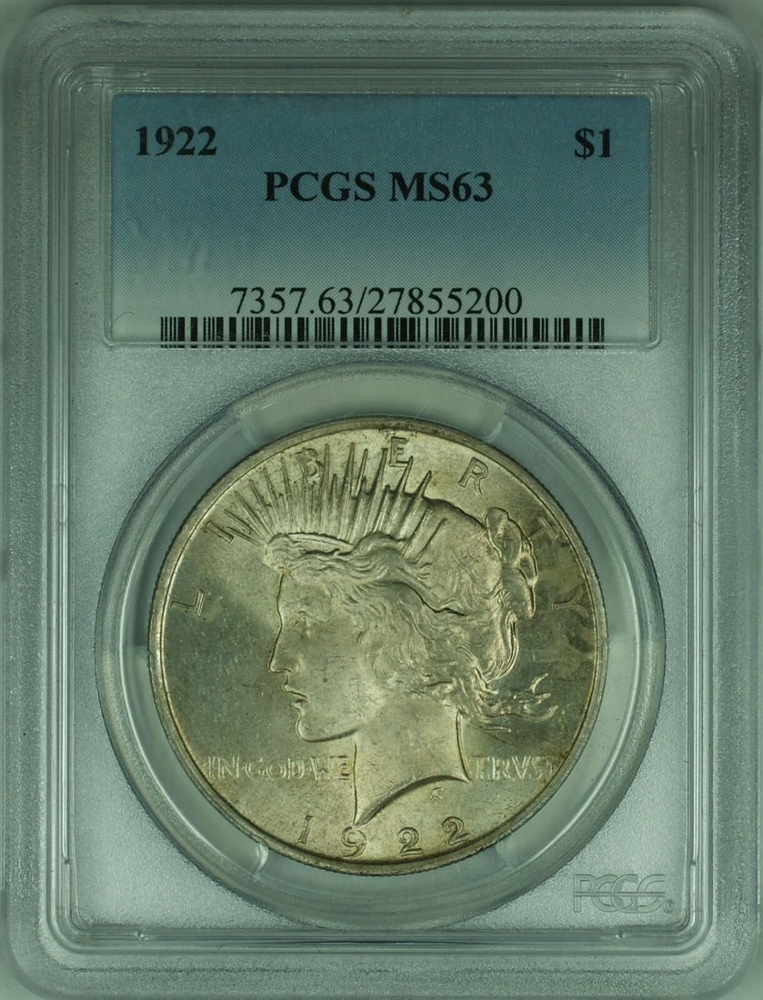 PCGS MS-63 1922 Peace Dollar Lightly Toned Silver: PCGS MS-63 1922 Peace Dollar Lightly Toned Silver This is a 1922 Peace Silver Dollar graded MS-63 by PCGS. The coin is composed of silver, was minted in Philadelphia, and remains uncirculated. It feat
