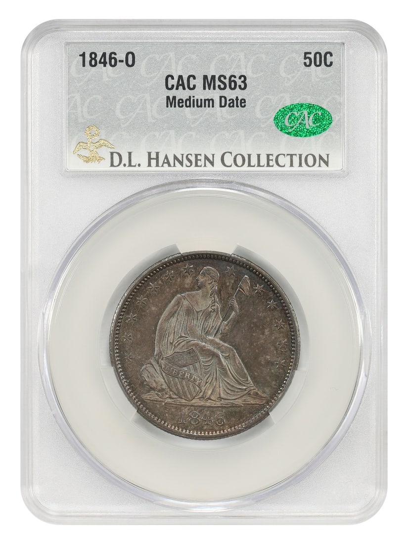 1846-O Liberty Seated Half Dollar 50C CACG MS63 Medium Date ex D.L. Hansen: 1846-O Liberty Seated Half Dollar 50C CACG MS63 Medium Date ex D.L. Hansen 1846-O Liberty Seated Half Dollar certified by CACG in MS63. As is the case with most Seated Liberty halves of the 1840s, the