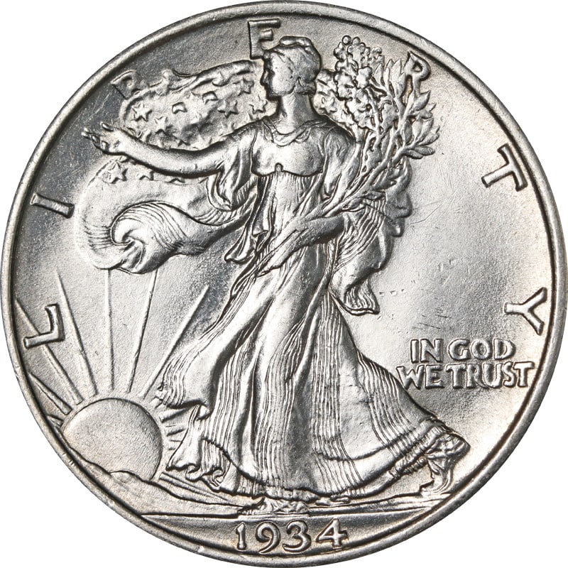 1934 P Silver Walking Liberty Half Dollar: 1934 P Silver Walking Liberty Half Dollar This 1934-P Walking Liberty Half Dollar is a circulated silver coin from the United States. Featuring the iconic Walking Liberty design, it is composed of 90%