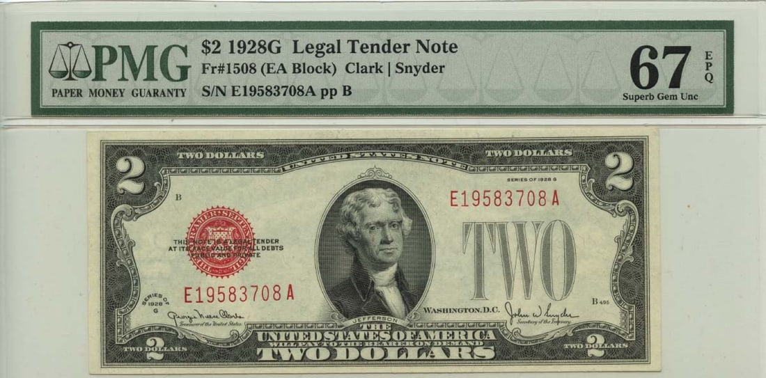 PMG Superb Gem 67 EPQ 1928G $2 Fr 1508 United States Legal Tender Note: PMG Superb Gem 67 EPQ 1928G $2 Fr 1508 United States Legal Tender Note This is a 1928G $2 Legal Tender Note, identified as Fr# 1508, issued by the United States. It has been professionally graded by P