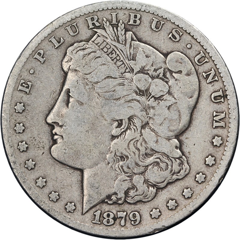 1879 CC Morgan Silver Dollar Fine Grade Key Date Coin: 1879 CC Morgan Silver Dollar Fine Grade Key Date Coin This 1879-CC Morgan Silver Dollar is an uncertified, circulated coin with a Nice F grade. It is composed of silver with 0.9 fineness and was minte