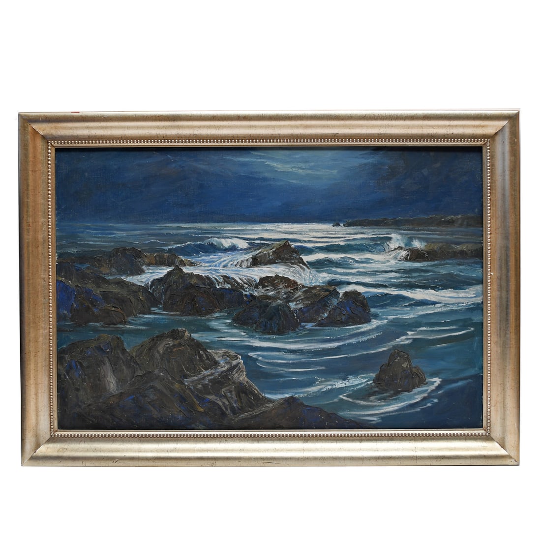 Framed Helen Hafer original landscape painting moonlit seascape: Framed Helen Hafer original landscape painting moonlit seascape This is an original framed landscape painting titled "Waves on Rocks in the Moon" by Helen Hafer. The artwork depicts a dynamic seascape