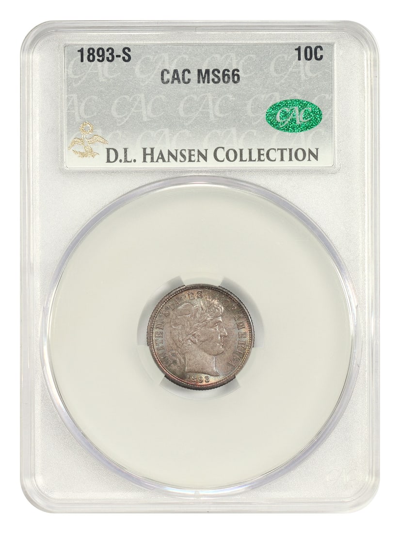 CACG MS66 1893-S Barber Dime ex D.L. Hansen: CACG MS66 1893-S Barber Dime ex D.L. Hansen 1893-S Barber Dime certified MS66 by CACG, ex: D.L. Hansen. This San Francisco issue comes from a mintage of 2,491,401 coins, and the present example is des