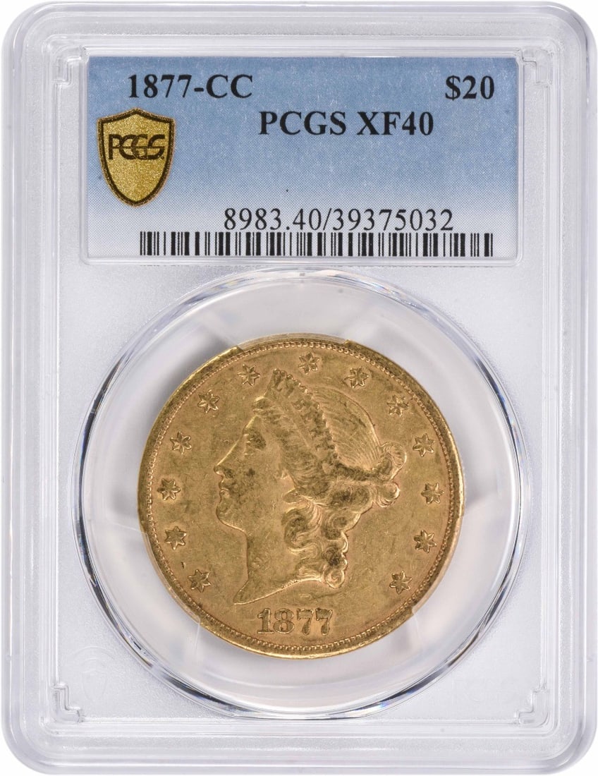 1877-CC $20 Gold Liberty Head Coin EF40 PCGS Carson City: 1877-CC $20 Gold Liberty Head Coin EF40 PCGS Carson City This stunning 1877-CC $20 Gold Liberty Head coin is graded EF40 by PCGS, showcasing its excellent condition despite being circulated. Minted in