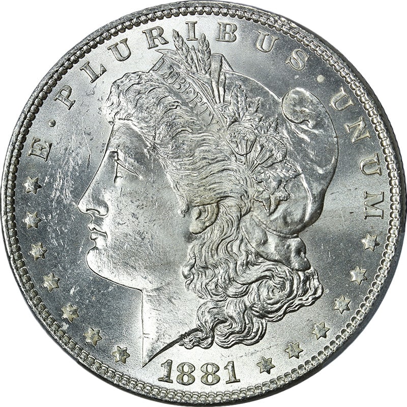 PCGS MS64 1881-P Morgan Silver Dollar Bright White: PCGS MS64 1881-P Morgan Silver Dollar Bright White This 1881-P Morgan Silver Dollar is certified by PCGS and graded MS64. It is an uncirculated silver coin from the United States with bright white eye