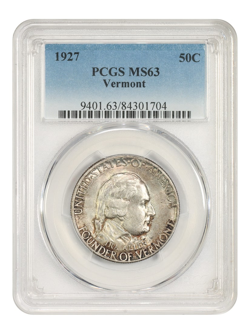 PCGS MS63 1927 Vermont 50C Silver Commemorative Half Dollar: PCGS MS63 1927 Vermont 50C Silver Commemorative Half Dollar 1927 Vermont 50C classic silver commemorative certified by PCGS as MS63. This uncirculated, pre-owned issue has a mintage of 28,142 coins an