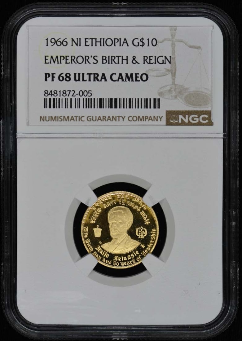 1966 Ethiopia Emperor's Birth G$10 Coin NGC PR68DCAM: 1966 Ethiopia Emperor's Birth G$10 Coin NGC PR68DCAM This stunning 1966 Ethiopian Emperor's Birth and Reign G$10 coin, certified by NGC with a grade of PR68DCAM, showcases exceptional detail and brill