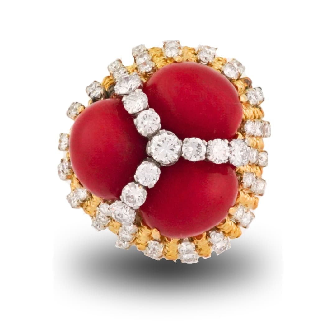 Unbranded 18K Yellow Gold Cocktail Ring with Red Coral and 1.50 CTW Diamonds: Unbranded 18K Yellow Gold Cocktail Ring with Red Coral and 1.50 CTW Diamonds Bold and substantial cocktail ring crafted in 18K yellow gold, featuring a natural oval red coral center accented by round 