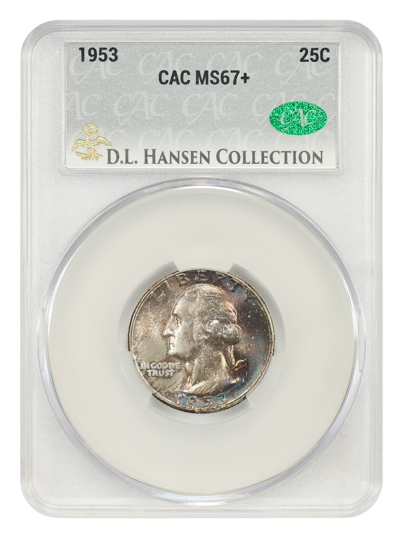 1953 Washington Quarter 25C CACG MS67+ Philadelphia Mint: 1953 Washington Quarter 25C CACG MS67+ Philadelphia Mint 1953 Washington Quarter certified by CACG as MS67+. This uncirculated example is described as originally toned and ideally preserved. Ex: D.L. 