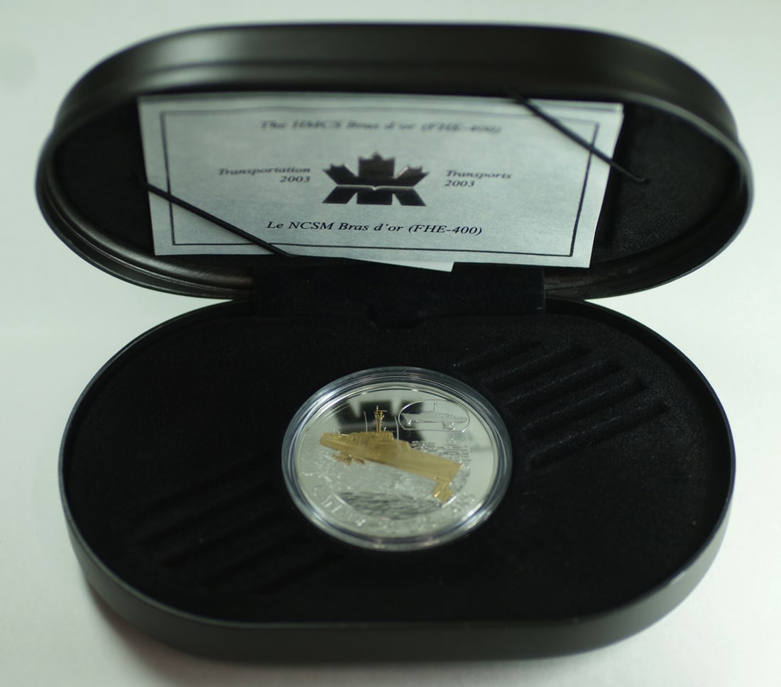 2003 $20 Silver Proof HMCS Bras d'or FHE-400 Canada Coin with Box and COA: 2003 $20 Silver Proof HMCS Bras d'or FHE-400 Canada Coin with Box and COA This 2003 Canada $20 silver proof coin commemorates the HMCS Bras d'or FHE-400 ship. The coin is crafted from 0.925 fine silve
