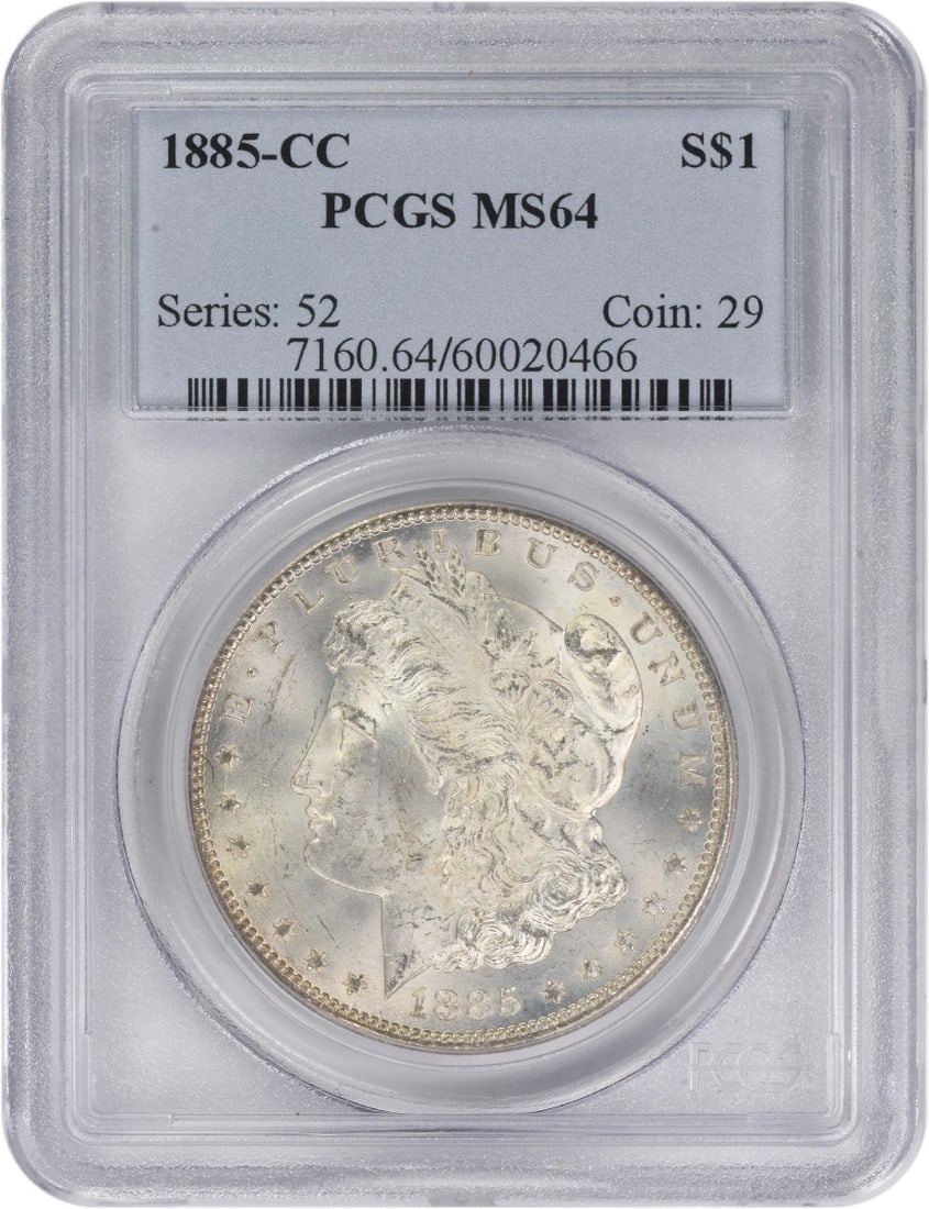 PCGS MS64 Carson City 1885 Morgan Silver Dollar Coin: PCGS MS64 Carson City 1885 Morgan Silver Dollar Coin This 1885-CC Morgan Silver Dollar is graded MS64 by PCGS. Minted in Carson City, it features a composition of 90% silver and 10% copper. Designed b