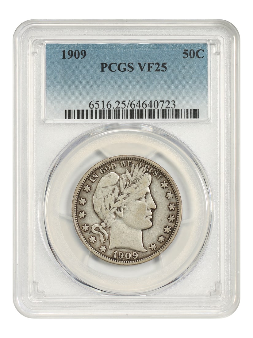 PCGS VF25 1909 Barber Half Dollar 50C Philadelphia: PCGS VF25 1909 Barber Half Dollar 50C Philadelphia 1909 Barber Half Dollar certified by PCGS in VF25 condition. This circulated, pre-owned coin is a 50C denomination issue from Philadelphia. Specifica
