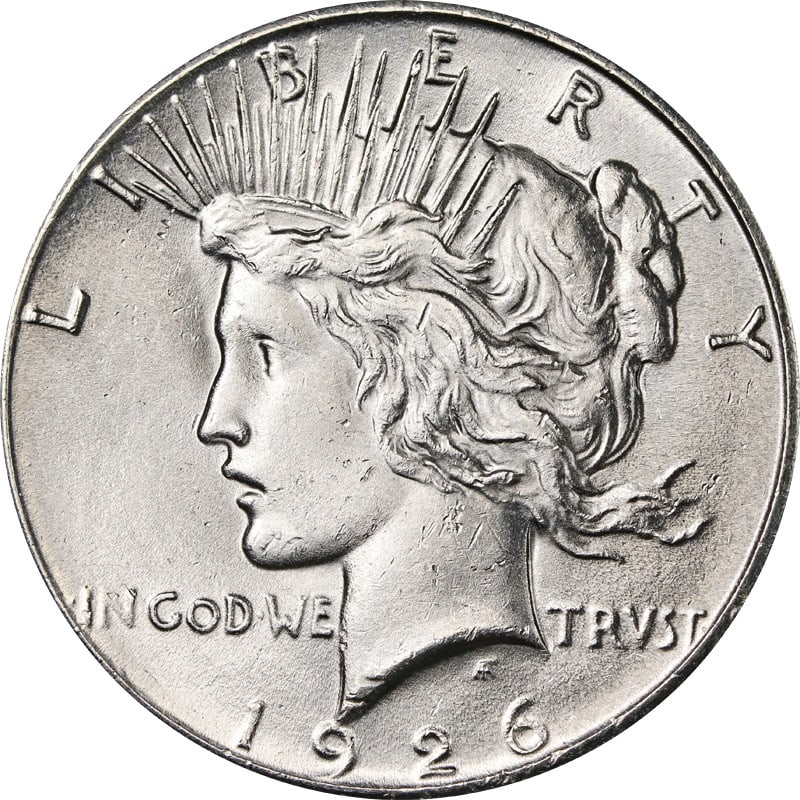 1926 P Silver Peace Dollar Choice+: 1926 P Silver Peace Dollar Choice+ This 1926-P Peace Dollar is a circulated silver coin from the United States, featuring a fineness of 0.9. It is classified as pre-owned and is offered in Choice+ con