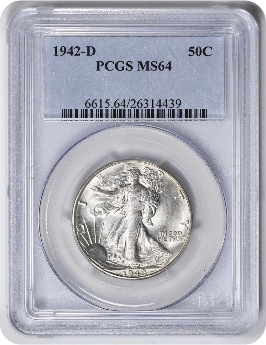 1942-D/D Walking Liberty Half Dollar MS64 PCGS Silver Coin: 1942-D/D Walking Liberty Half Dollar MS64 PCGS Silver Coin This 1942-D/D Walking Liberty Half Dollar is a remarkable collector's piece certified by PCGS with a grade of MS64. Struck at the Denver mint