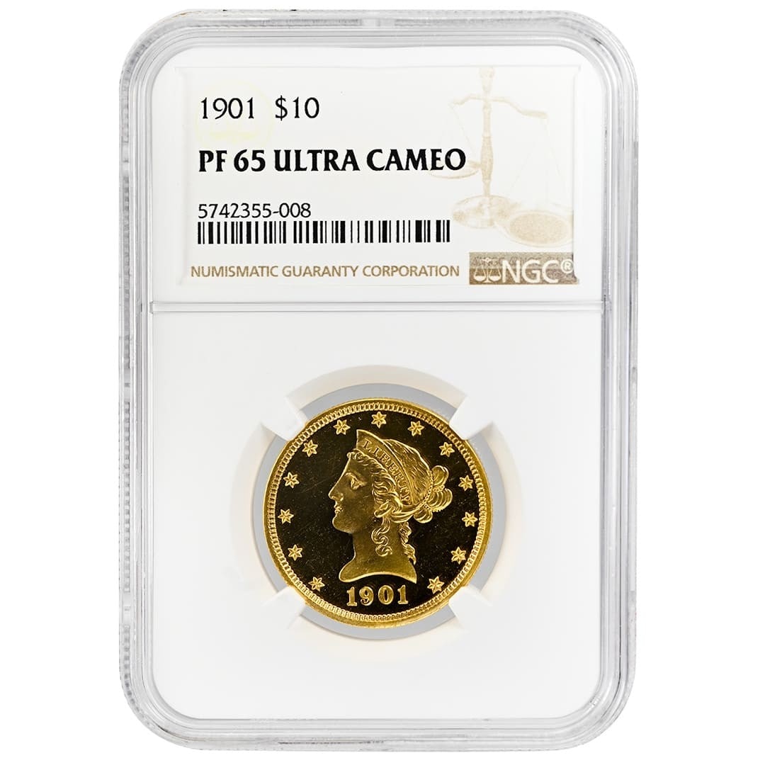 1901 $10 Gold Liberty Head Coin NGC PF65UCAM: 1901 $10 Gold Liberty Head Coin NGC PF65UCAM 1901 $10 Liberty Head gold coin graded NGC PF65UCAM. This pre-owned United States coin was minted in Philadelphia during the Pre-1933 period and includes N