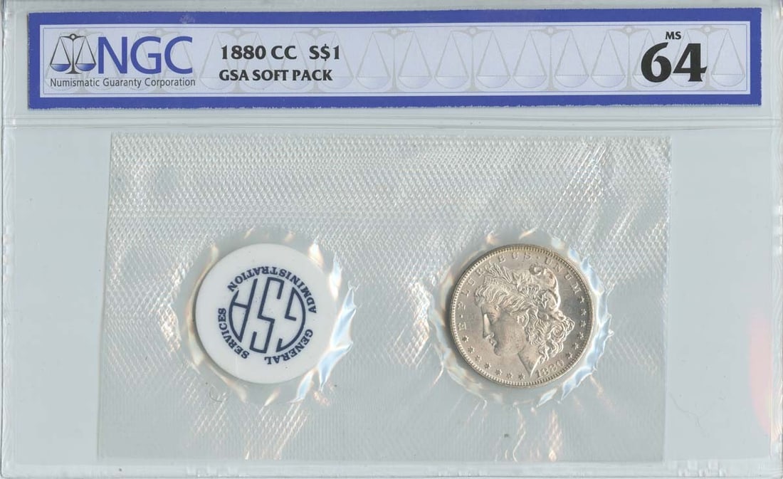 1880 Carson City Morgan Silver Dollar GSA Soft Pack NGC MS64: 1880 Carson City Morgan Silver Dollar GSA Soft Pack NGC MS64 This 1880-CC Morgan Dollar is an uncirculated coin graded MS64 by NGC. Minted in Carson City in 1880, it comes in a GSA soft pack. This coi