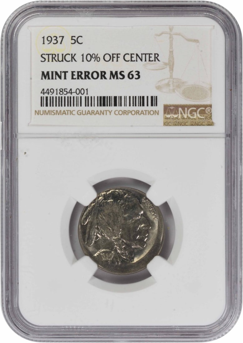 1937 United States Buffalo Nickel 10 Percent Off Center Error NGC MS63 (1 of 2)
