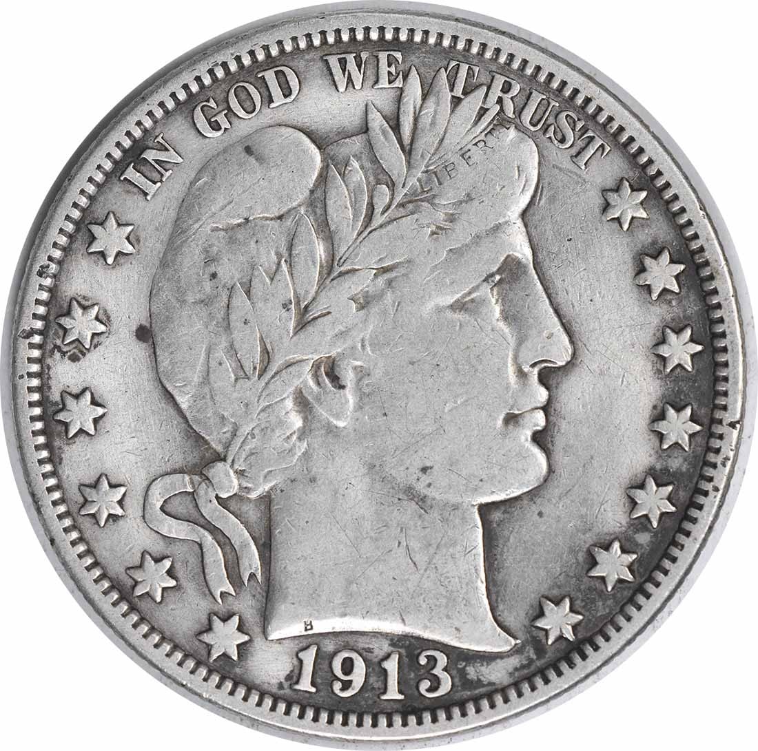 1913 50C Barber Half Dollar Silver VF No Mint Mark: 1913 50C Barber Half Dollar Silver VF No Mint Mark 1913 Barber silver half dollar in circulated, pre-owned condition with a VF grade. This uncertified United States 50C coin is identified as a Barber 