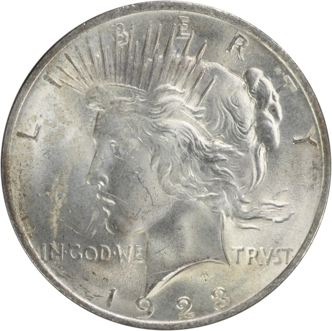 1923 Uncertified Peace Dollar Silver $1 Uncirculated MS63: 1923 Uncertified Peace Dollar Silver $1 Uncirculated MS63 1923 Peace Silver Dollar in uncirculated, pre-owned condition. This silver $1 coin is listed as Choice BU and uncertified. Specifications Year