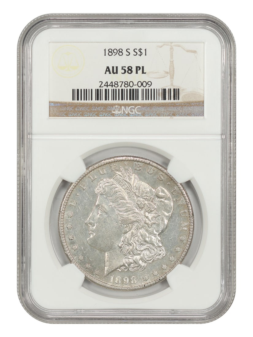 NGC AU58PL 1898-S Morgan Dollar $1 Coin: NGC AU58PL 1898-S Morgan Dollar $1 Coin 1898-S Morgan Dollar $1 certified by NGC with a certification number of 2448780009. The coin is listed as circulated and pre-owned, with the San Francisco mint 