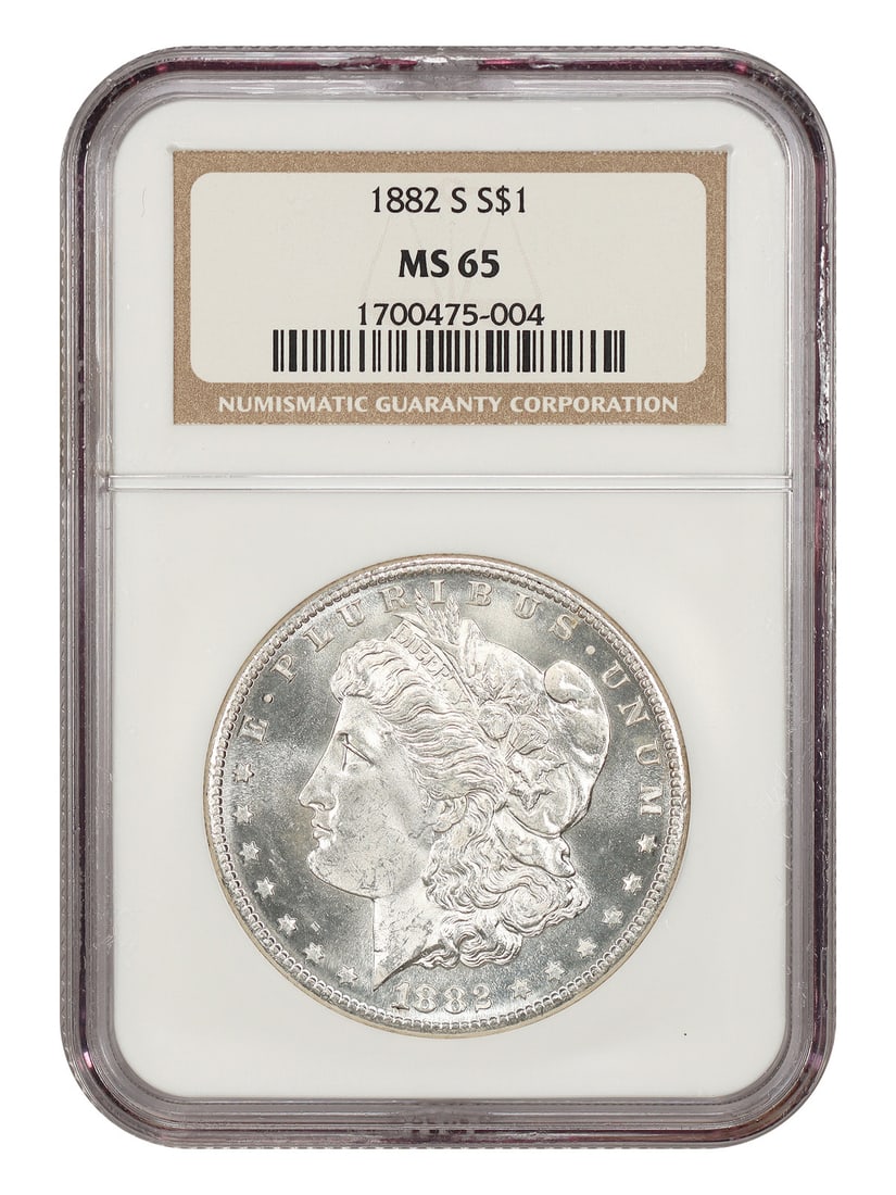 NGC MS65 1882-S Morgan Silver Dollar $1 San Francisco Mint: NGC MS65 1882-S Morgan Silver Dollar $1 San Francisco Mint 1882-S Morgan Dollar certified by NGC in MS65 grade. This uncirculated example is a popular collector date and a well-known type coin choice.