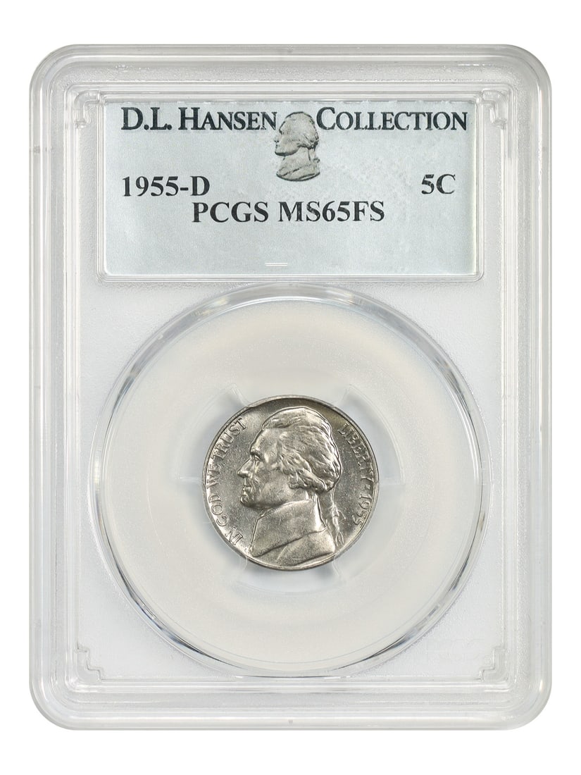 PCGS MS65FS 1955-D Jefferson 5C Nickel ex D.L. Hansen: PCGS MS65FS 1955-D Jefferson 5C Nickel ex D.L. Hansen 1955-D Jefferson Nickel graded PCGS MS65FS, ex: D.L. Hansen. This uncirculated example is described as primarily white with a neat iridescent shee