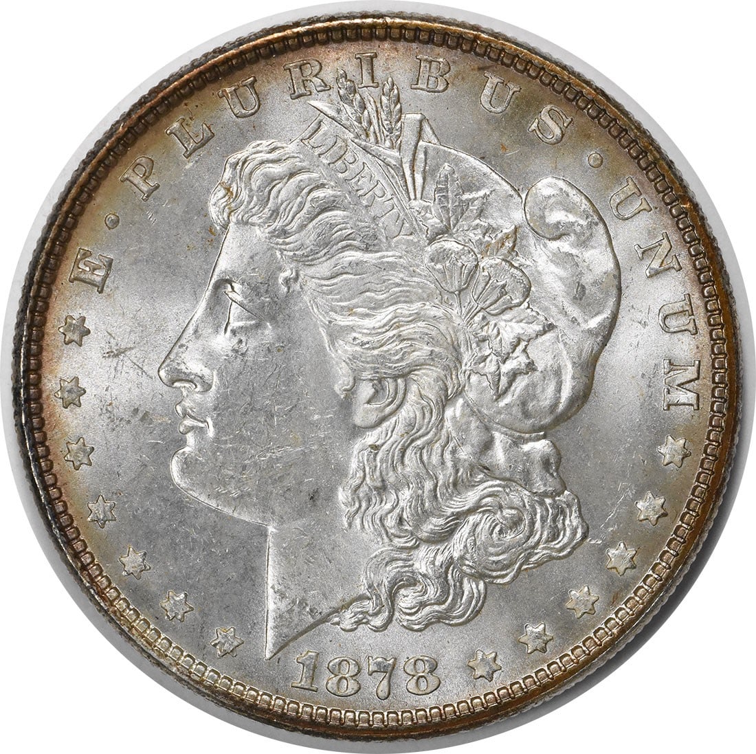 Uncirculated 1878 Silver Dollar Morgan 7 Tail Feathers Reverse Choice BU: Uncirculated 1878 Silver Dollar Morgan 7 Tail Feathers Reverse Choice BU This is an 1878 Morgan Silver Dollar featuring the 7 Tail Feathers Reverse of 1878. The coin is in choice brilliant uncirculate