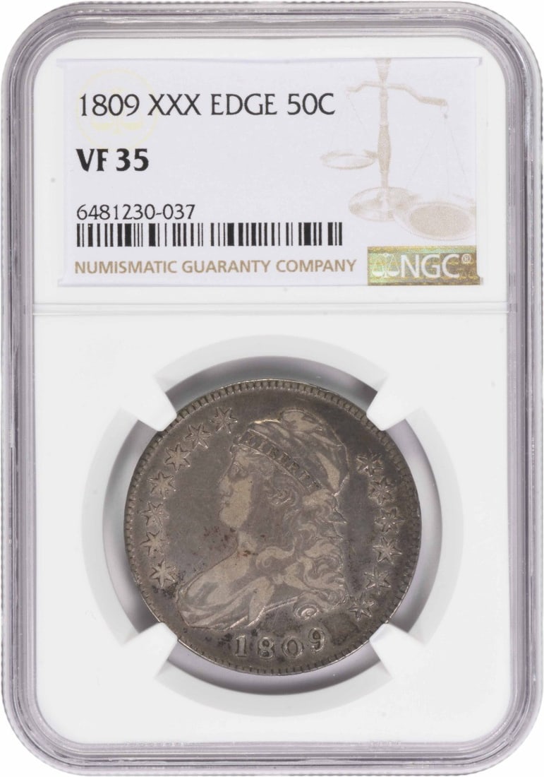 NGC VF35 1809 Lettered Edge Half Dollar: NGC VF35 1809 Lettered Edge Half Dollar This 1809 Bust Half Dollar features the XXX edge and has been graded VF35 by NGC. Struck in Philadelphia, this circulated coin was designed by John Reich and is