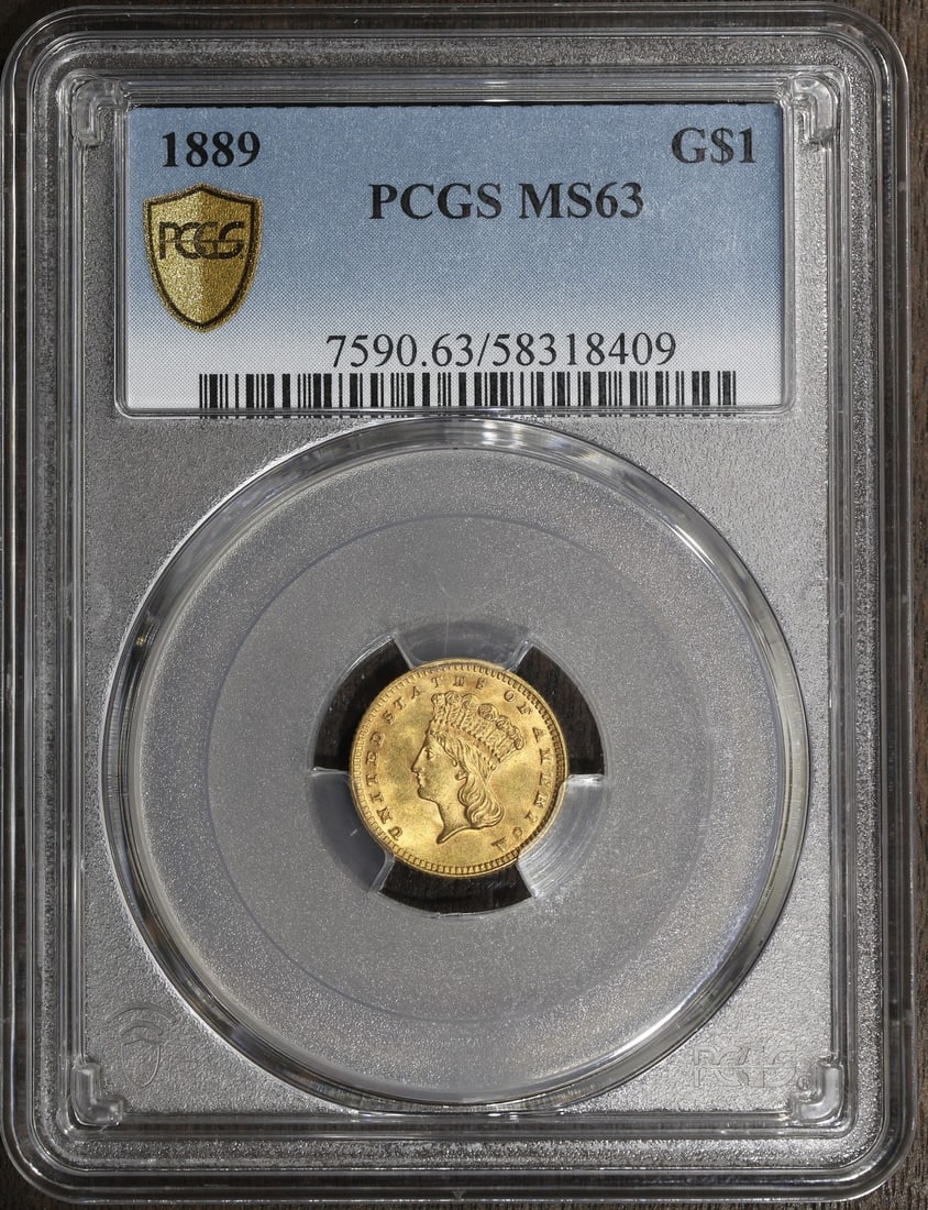 PCGS MS63 1889 Type 3 Gold Dollar Coin G$1: PCGS MS63 1889 Type 3 Gold Dollar Coin G$1 1889 Type 3 Gold Dollar graded MS63 by PCGS. This pre-owned United States $1 gold coin is struck in 0.9 fine gold and represents a pre-1933 issue from Philad