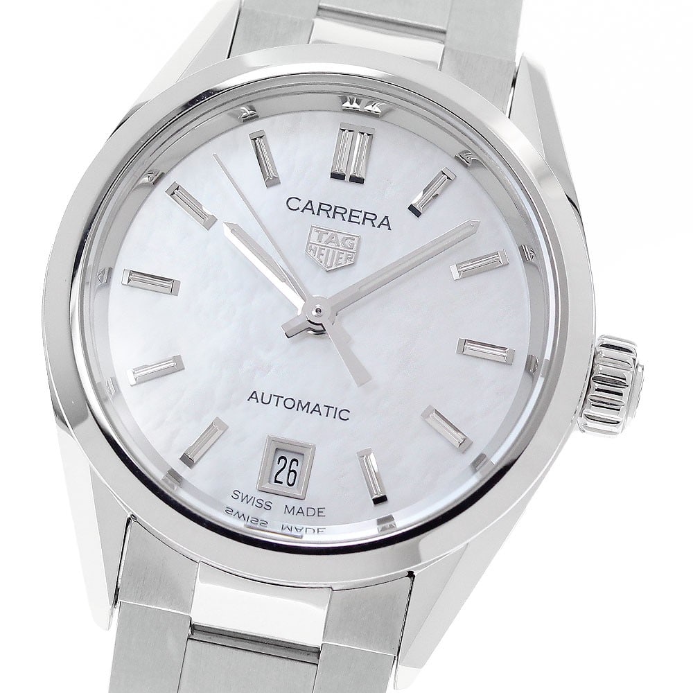 TAG Heuer Carrera Caliber 9 Ladies Automatic Date Watch WBN2410-0: TAG Heuer Carrera Caliber 9 Ladies Automatic Date Watch WBN2410-0 Pre-owned TAG Heuer Carrera Caliber 9 women's wristwatch with automatic movement and date display. This stainless steel watch features