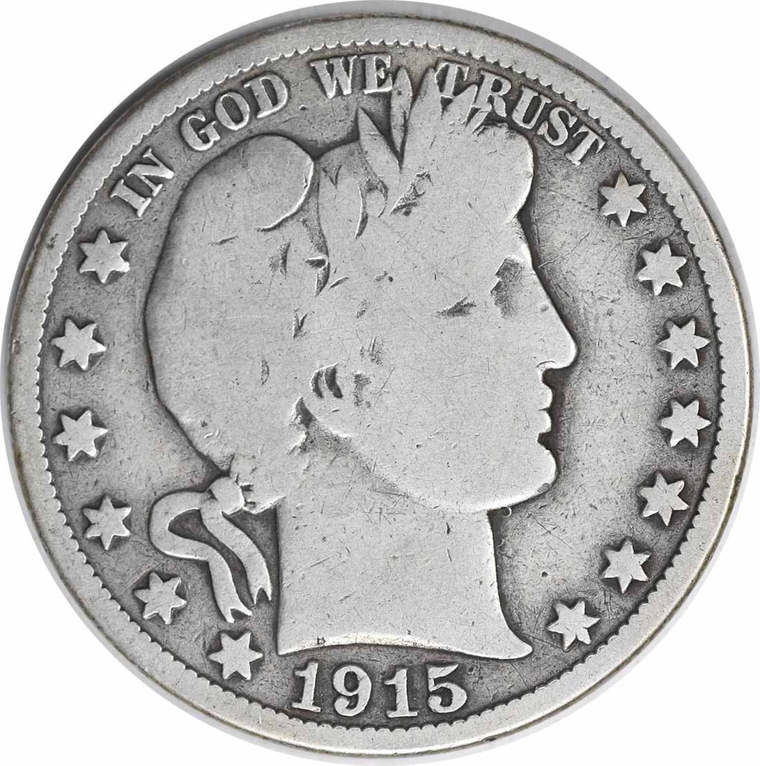 1915 United States Barber 50C Silver Coin VG Uncertified: 1915 United States Barber 50C Silver Coin VG Uncertified 1915 Barber silver half dollar in circulated VG grade. This uncertified pre-owned coin is a 50C denomination issue from the United States. Spec